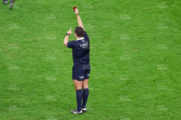 291125 - Wales v South Africa - Quilter Nations Series - Referee Luc Ramos shows Eben Etzebeth of South Africa (not in picture) a red card