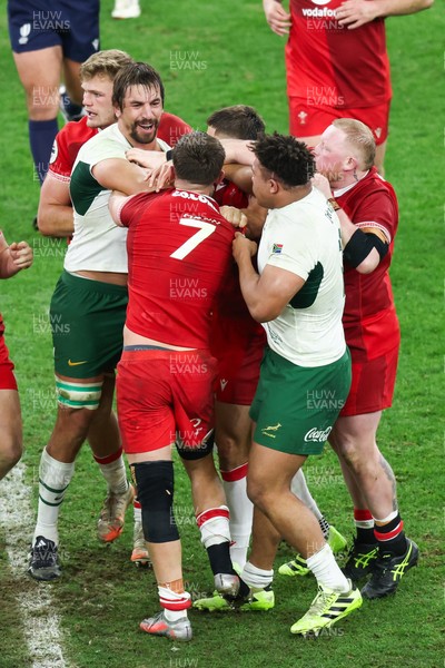 291125 - Wales v South Africa - Quilter Nations Series - Eben Etzebeth of South Africa and Alex Mann of Wales tussle before Eben Etzebeth is shown a red card for making contact with his eye