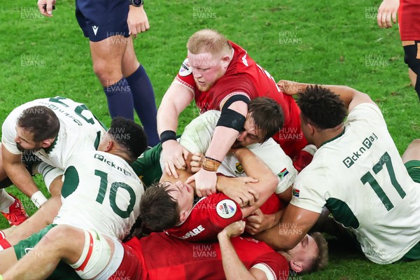 291125 - Wales v South Africa - Quilter Nations Series - Alex Mann of Wales and Eben Etzebeth of South Africa tussle on the floor ahead of the incident that led to Eben Etzebeth being sent off