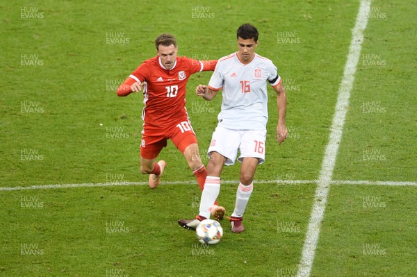 111018 - Wales v Spain - International Friendly Football - Rodri of Spain is tackled by Aaron Ramsey of Wales