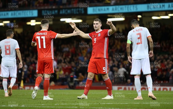 111018 - Wales v Spain - International Friendly - Sam Vokes of Wales celebrates scoring a goal with Tom Lawrence