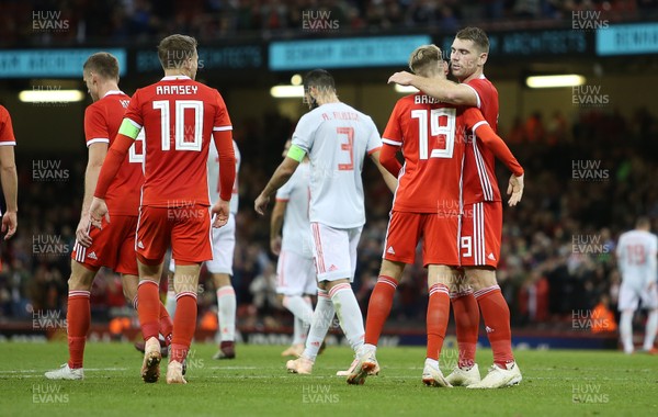 111018 - Wales v Spain - International Friendly - Sam Vokes of Wales celebrates scoring a goal with David Brooks