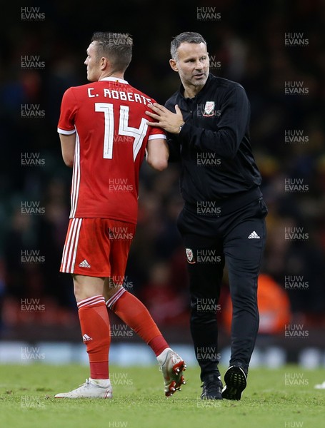 111018 - Wales v Spain - International Friendly - Wales Manager Ryan Giggs and Connor Roberts at full time