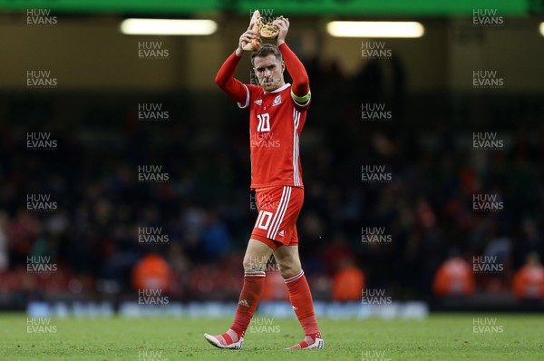 111018 - Wales v Spain - International Friendly - Aaron Ramsey of Wales thanks the fans