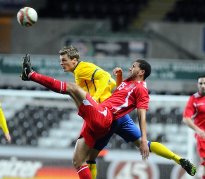 03.03.10 - International Football Friendly, Wales v Sweden Sweden's Viktor Elm and Wales' Lewin Nyatanga compete 