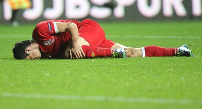 07.10.11 -  Wales v Switzerland, Euro 2012 Qualifying Match -  Wales' Gareth Bale goes down with injury  