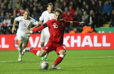 07.10.11 -  Wales v Switzerland, Euro 2012 Qualifying Match -  Wales' Aaron Ramsey scores goal from the penalty spot  