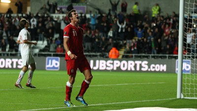 07.10.11 -  Wales v Switzerland, Euro 2012 Qualifying Match -  Wales' Gareth Bale celebrates after scoring Wales' second goal  