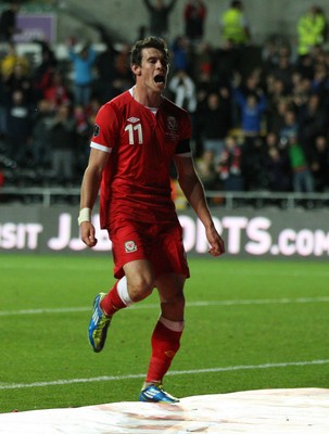 07.10.11 -  Wales v Switzerland, Euro 2012 Qualifying Match -  Wales' Gareth Bale celebrates after scoring Wales' second goal  