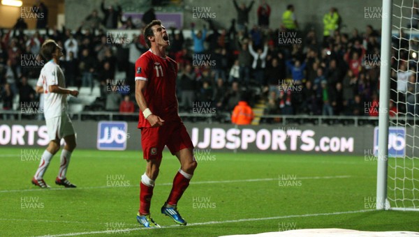 07.10.11 -  Wales v Switzerland, Euro 2012 Qualifying Match -  Wales' Gareth Bale celebrates after scoring Wales' second goal  