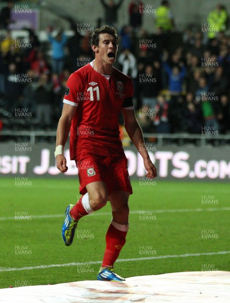 07.10.11 -  Wales v Switzerland, Euro 2012 Qualifying Match -  Wales' Gareth Bale celebrates after scoring Wales' second goal  