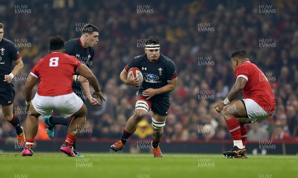 171118 - Wales v Tonga - Under Armour Series - Ellis Jenkins of Wales makes a charge