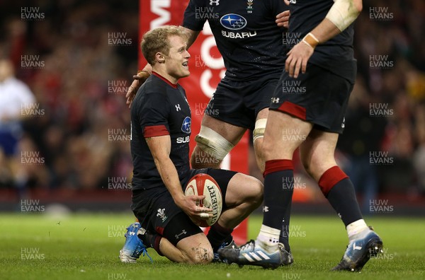 171118 - Wales v Tonga - Under Armour Series - Aled Davies of Wales celebrates scoring a try