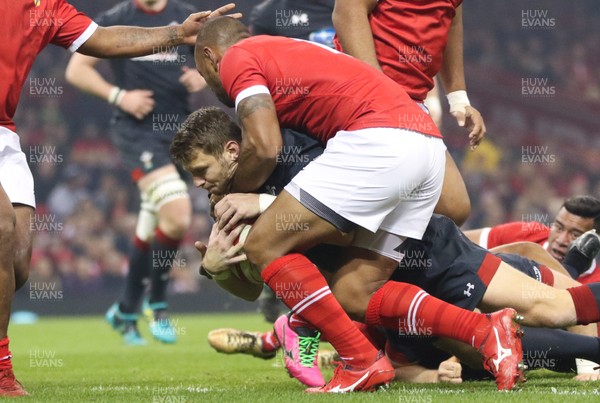 171118 - Wales v Tonga, Under Armour Series 2018 - Dan Biggar of Wales powers over to score try