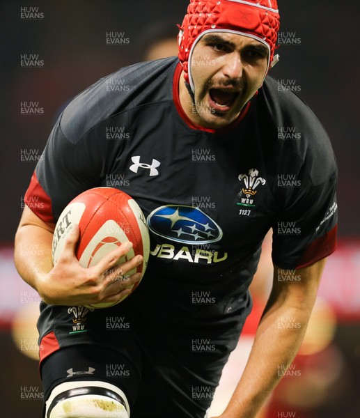 171118 - Wales v Tonga, Under Armour Series 2018 - Cory Hill of Wales races in to score try