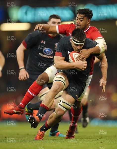 171118 - Wales v Tonga, Under Armour Series 2018 - Ellis Jenkins of Wales is tackled by Mike Faleafa of Tonga