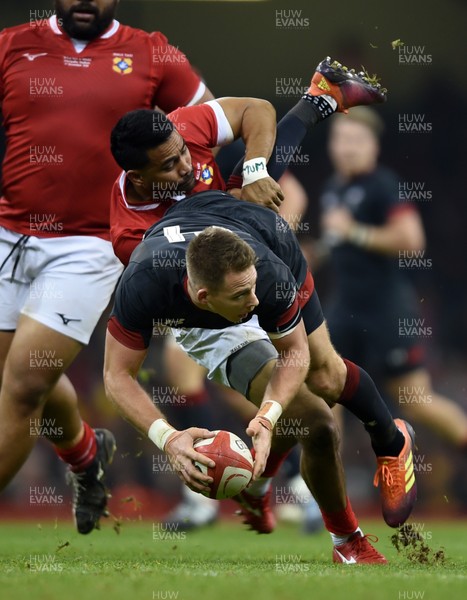 171118 - Wales v Tonga - Under Armour Series -  Liam Williams of Wales is tackled by Alaska Taufa of Tonga