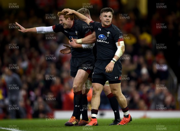 171118 - Wales v Tonga - Under Armour Series -  Rhys Patchell of Wales celebrates scoring a try
