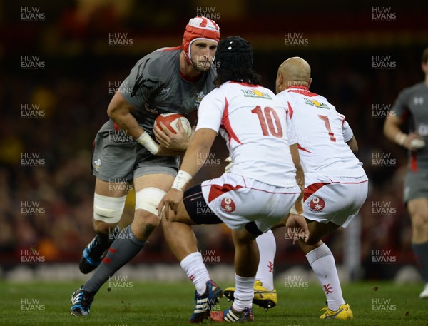 221113 - Wales Tonga - Dove Men Series -Luke Charteris of Wales takes on Latiume Fosita and Nili Latu of Tonga