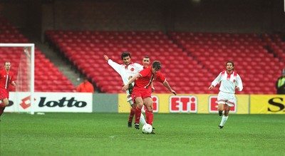 141296 - Wales v Turkey - Mark Hughes of Wales in action at Cardiff Arms Park in front of a small crowd