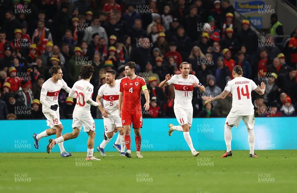 211123 - Wales v Turkey - UEFA Euro 2024 Qualifier - Yusuf Yazici of Turkey celebrates scoring a goal with team mates