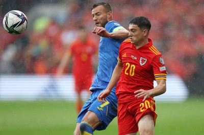 050622 -  Wales v Ukraine, World Cup Qualifying Play Off Final - Dan James of Wales is challenged by Andriy Yarmolenko of Ukraine