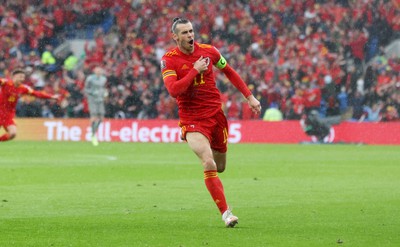 050622 -  Wales v Ukraine, World Cup Qualifying Play Off Final - Gareth Bale of Wales celebrates scoring the first goal of the game