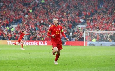 050622 -  Wales v Ukraine, World Cup Qualifying Play Off Final - Gareth Bale of Wales celebrates scoring the first goal of the game