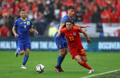 050622 -  Wales v Ukraine, World Cup Qualifying Play Off Final - Dan James of Wales is challenged by Ruslan Malinovskyi of Ukraine