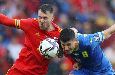 050622 -  Wales v Ukraine, World Cup Qualifying Play Off Final - Aaron Ramsey of Wales and Ruslan Malinovskyi of Ukraine