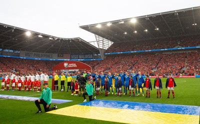 050622 -  Wales v Ukraine, World Cup Qualifying Play Off Final - The Wales and Ukraine teams line up for the national athems