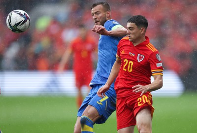 050622 -  Wales v Ukraine, World Cup Qualifying Play Off Final - Dan James of Wales and Andriy Yarmolenko of Ukraine compete for the ball