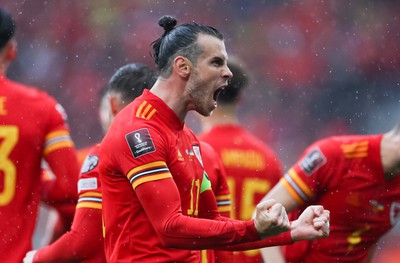 050622 -  Wales v Ukraine, World Cup Qualifying Play Off Final - Gareth Bale of Wales celebrates after his free kick is deflected into the Ukraine net to score goal