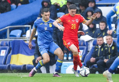 050622 -  Wales v Ukraine, World Cup Qualifying Play Off Final - Dan James of Wales takes on Taras Stepanenko of Ukraine