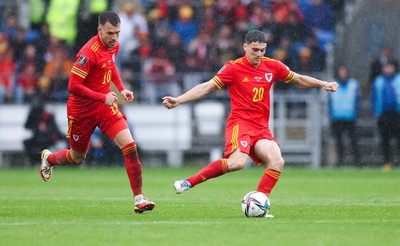 050622 -  Wales v Ukraine, World Cup Qualifying Play Off Final -Dan James of Wales plays the ball forward