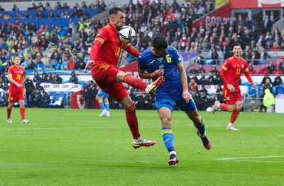 050622 -  Wales v Ukraine, World Cup Qualifying Play Off Final - Aaron Ramsey of Wales and Taras Stepanenko of Ukraine compete for the ball