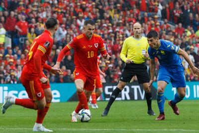 050622 -  Wales v Ukraine, World Cup Qualifying Play Off Final - Aaron Ramsey of Wales clears