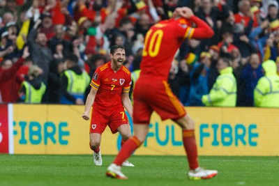 050622 -  Wales v Ukraine, World Cup Qualifying Play Off Final - Joe Allen of Wales celebrates after the final whistle