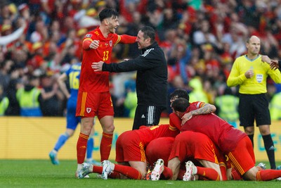 050622 -  Wales v Ukraine, World Cup Qualifying Play Off Final - Kieffer Moore of Wales celebrates after the final whistle