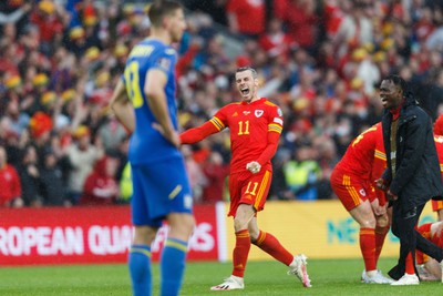 050622 -  Wales v Ukraine, World Cup Qualifying Play Off Final - Gareth Bale of Wales celebrates after the final whistle