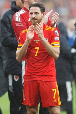 050622 -  Wales v Ukraine, World Cup Qualifying Play Off Final - Joe Allen of Wales celebrates after the final whistle