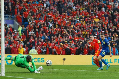 050622 -  Wales v Ukraine, World Cup Qualifying Play Off Final - Georgi Bushchan of Ukraine saves a shot on goal from Gareth Bale of Wales