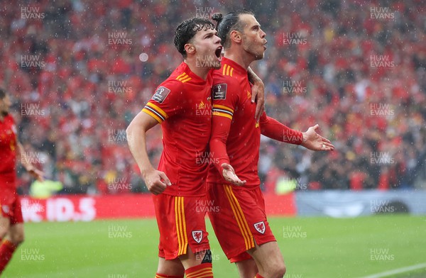 050622 -  Wales v Ukraine, World Cup Qualifying Play Off Final - Gareth Bale of Wales celebrates scoring the first goal of the game alongside Neco Williams