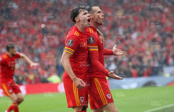 050622 -  Wales v Ukraine, World Cup Qualifying Play Off Final - Gareth Bale of Wales celebrates scoring the first goal of the game alongside Neco Williams