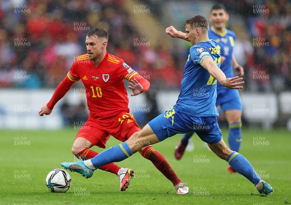 050622 -  Wales v Ukraine, World Cup Qualifying Play Off Final - Aaron Ramsey of Wales is challenged by Illia Zabarnyi of Ukraine