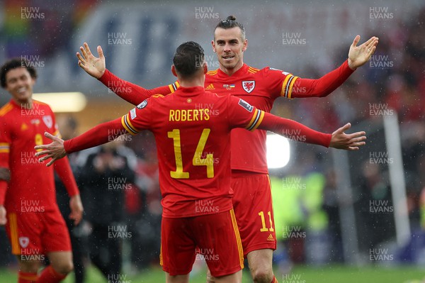 050622 -  Wales v Ukraine, World Cup Qualifying Play Off Final - Gareth Bale celebrates with Connor Roberts of Wales