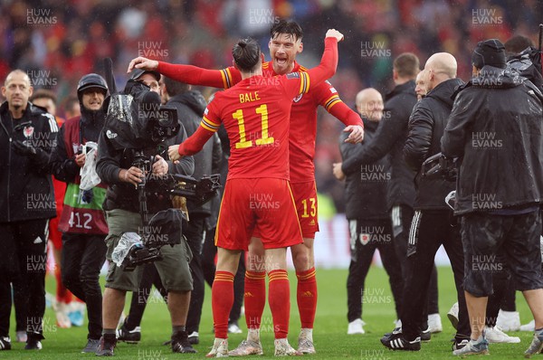 050622 -  Wales v Ukraine, World Cup Qualifying Play Off Final - Gareth Bale celebrates with Kieffer Moore of Wales