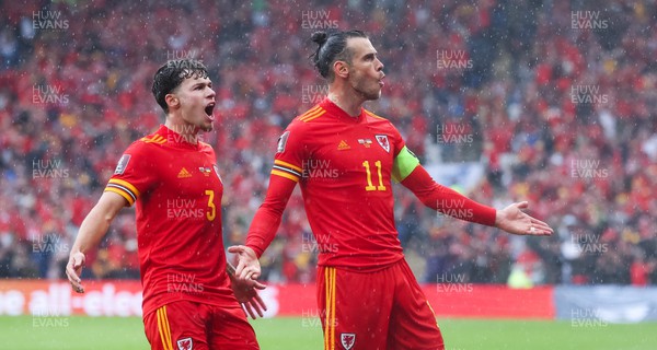 050622 -  Wales v Ukraine, World Cup Qualifying Play Off Final - Gareth Bale of Wales celebrates with Neco Williams of Wales after his free kick is deflected into the Ukraine net to score goal