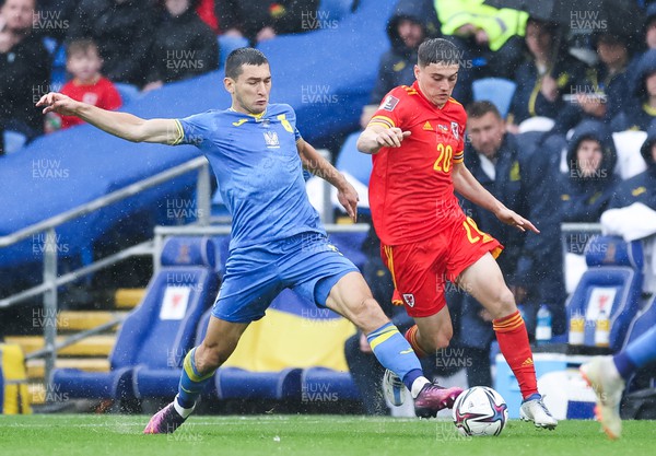 050622 -  Wales v Ukraine, World Cup Qualifying Play Off Final - Dan James of Wales takes on Taras Stepanenko of Ukraine