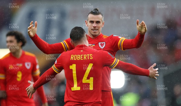 050622 -  Wales v Ukraine, World Cup Qualifying Play Off Final - Gareth Bale of Wales celebrates with Connor Roberts of Wales